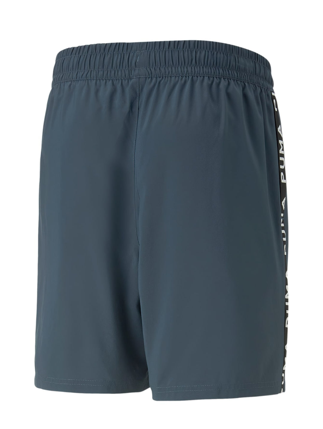 Shorts deportivos PUMA color azul oscuro con cinta lateral negra y logotipo blanco.