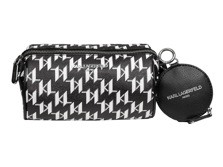 Bolsa de hombro Karl Lagerfeld en color negro y blanco con estampado de monograma y monedero circular adjunto.
