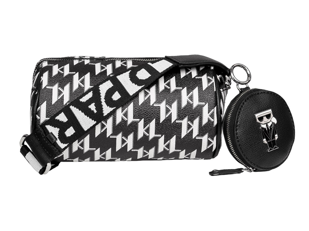Bolsa de hombro Karl Lagerfeld en color negro y blanco con estampado de monograma y monedero circular adjunto.