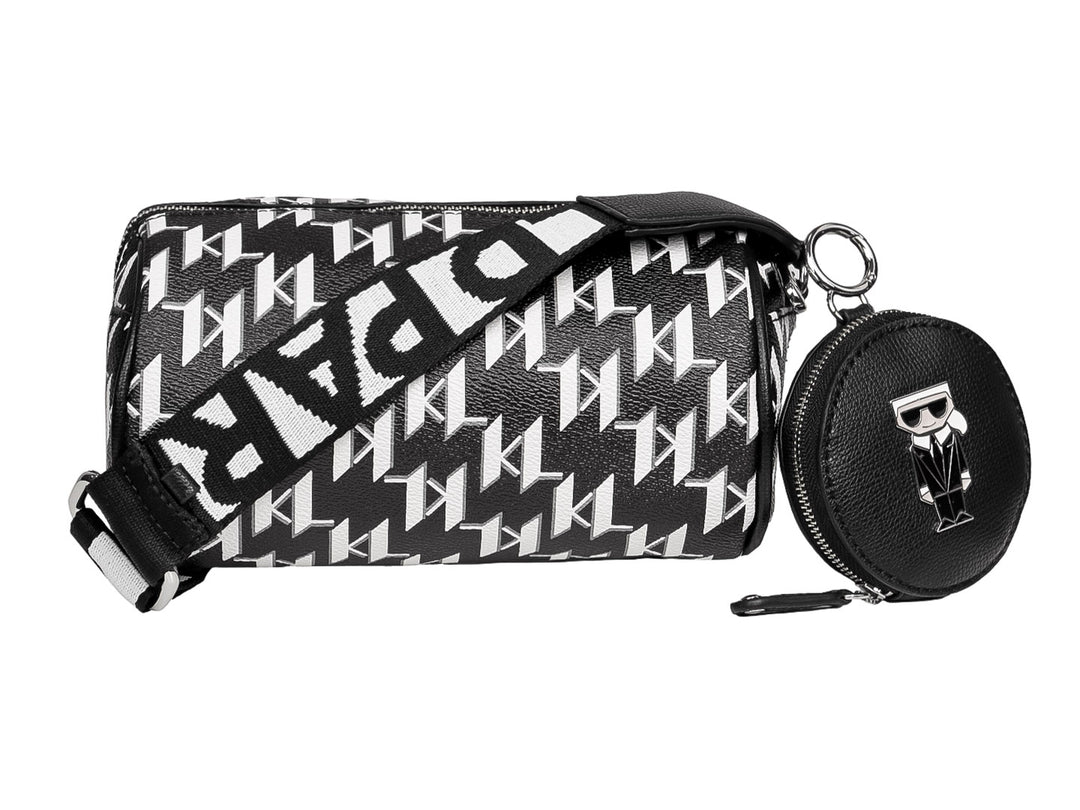 Bolsa de hombro Karl Lagerfeld en color negro y blanco con estampado de monograma y monedero circular adjunto.