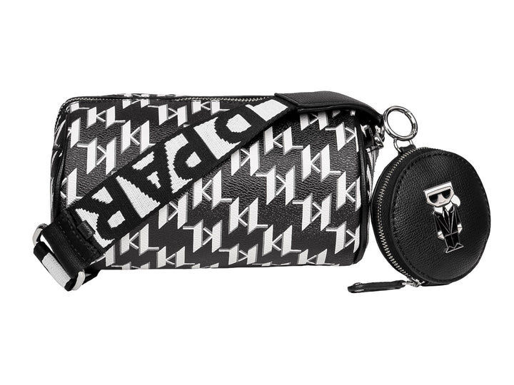 Bolsa de hombro Karl Lagerfeld en color negro y blanco con estampado de monograma y monedero circular adjunto.