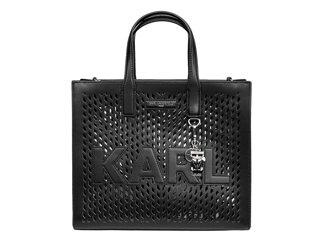 Bolso tote negro de Karl Lagerfeld con diseño perforado y letras KARL en el frente.