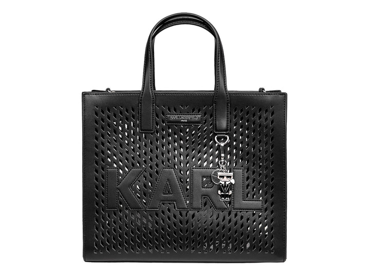 Bolso tote negro de Karl Lagerfeld con diseño perforado y letras KARL en el frente.