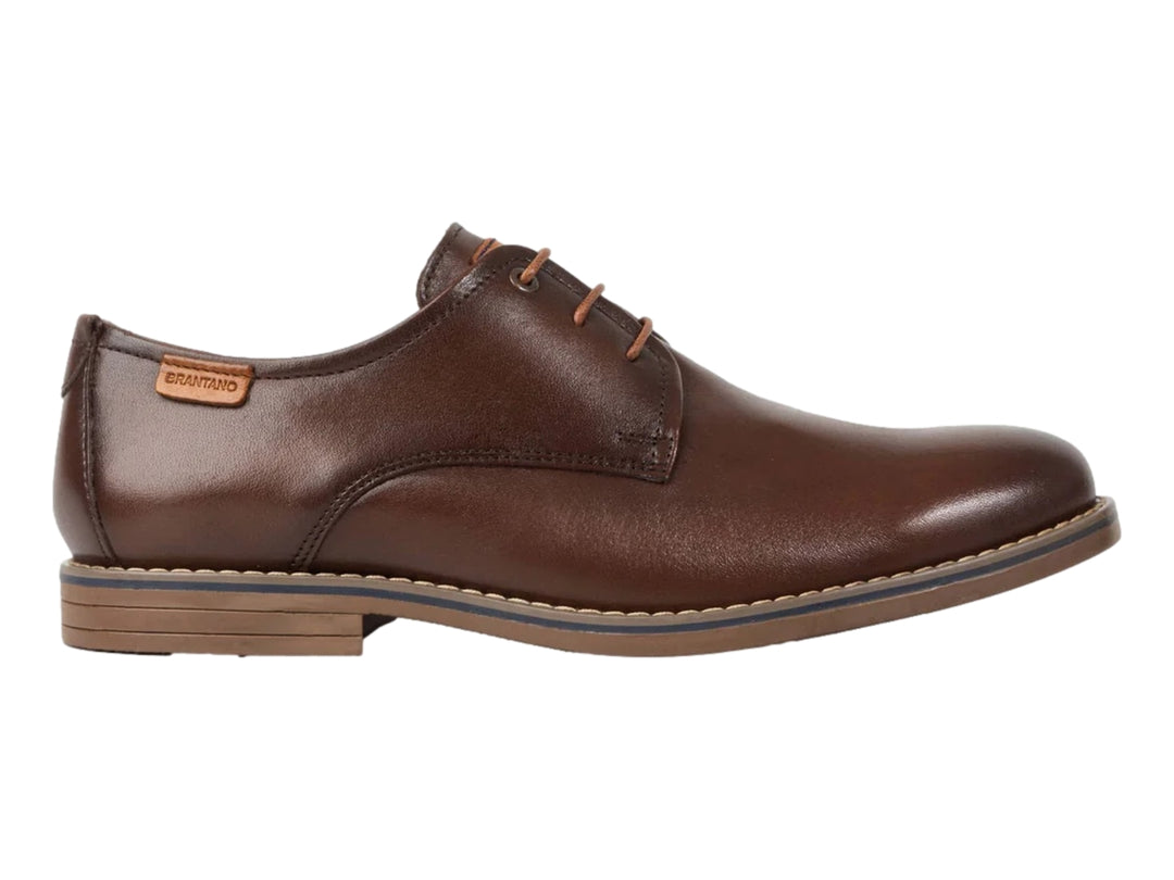 Zapato casual de cuero color marrón con cordones y suela plana.