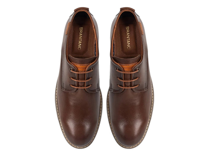 Zapato casual de cuero color marrón con cordones y suela plana.