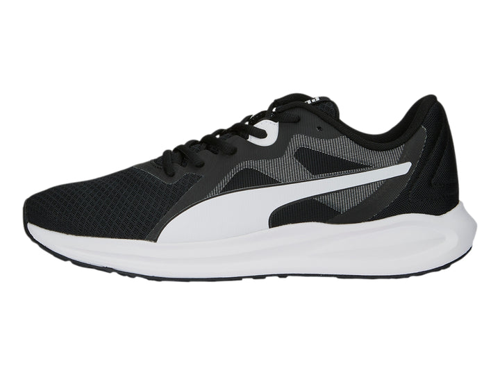 Tenis deportivos PUMA Twitch Runner Fresh en color negro con suela blanca y agujetas negras.