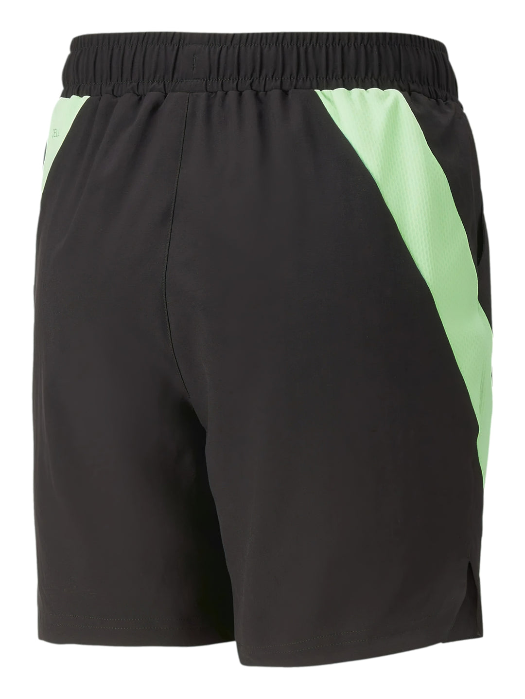 Shorts deportivos PUMA color negro con franjas laterales en verde lima y logotipo de la marca.