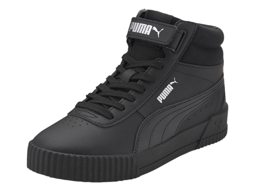 Tenis PUMA Carina Mid en color negro total, con diseño de bota media y suela ancha.