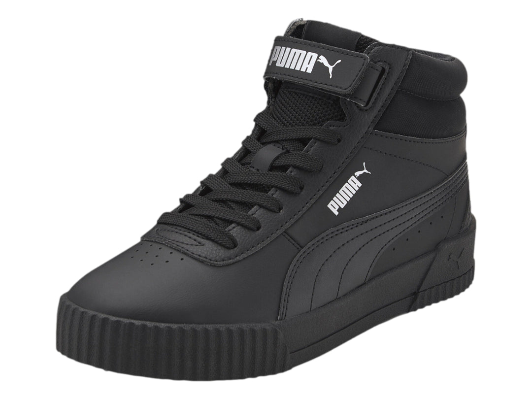 Tenis PUMA Carina Mid en color negro total, con diseño de bota media y suela ancha.
