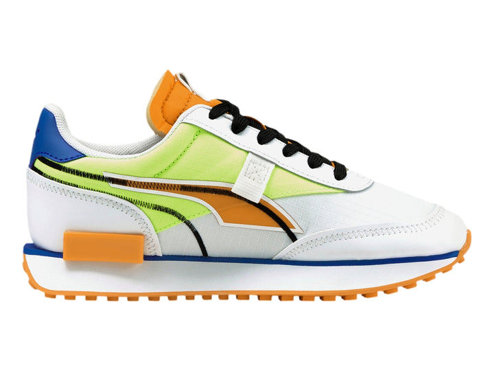 Tenis PUMA Future Rider Twofold JR en colores blanco, verde neón, naranja y azul para niños.