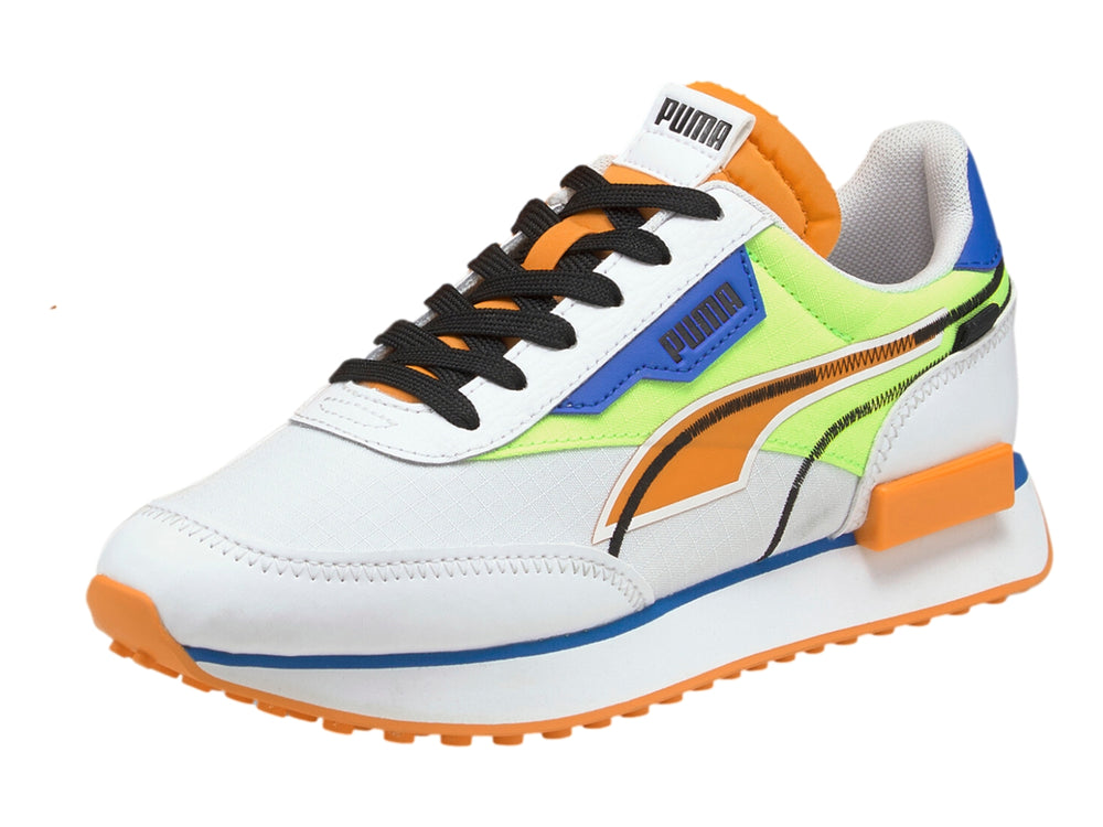 Tenis PUMA Future Rider Twofold JR en colores blanco, verde neón, naranja y azul para niños.