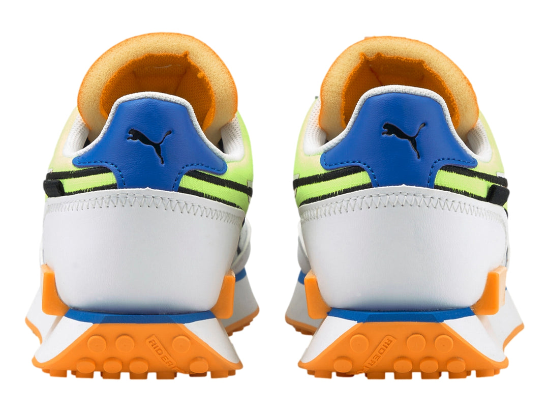 Tenis PUMA Future Rider Twofold JR en colores blanco, verde neón, naranja y azul para niños.