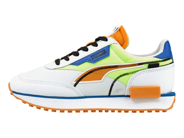 Tenis PUMA Future Rider Twofold JR en colores blanco, verde neón, naranja y azul para niños.