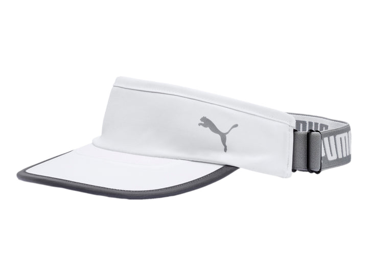 Visor deportivo PUMA de color blanco con detalles en gris y correa ajustable.