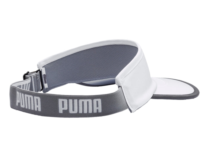 Visor deportivo PUMA de color blanco con detalles en gris y correa ajustable.