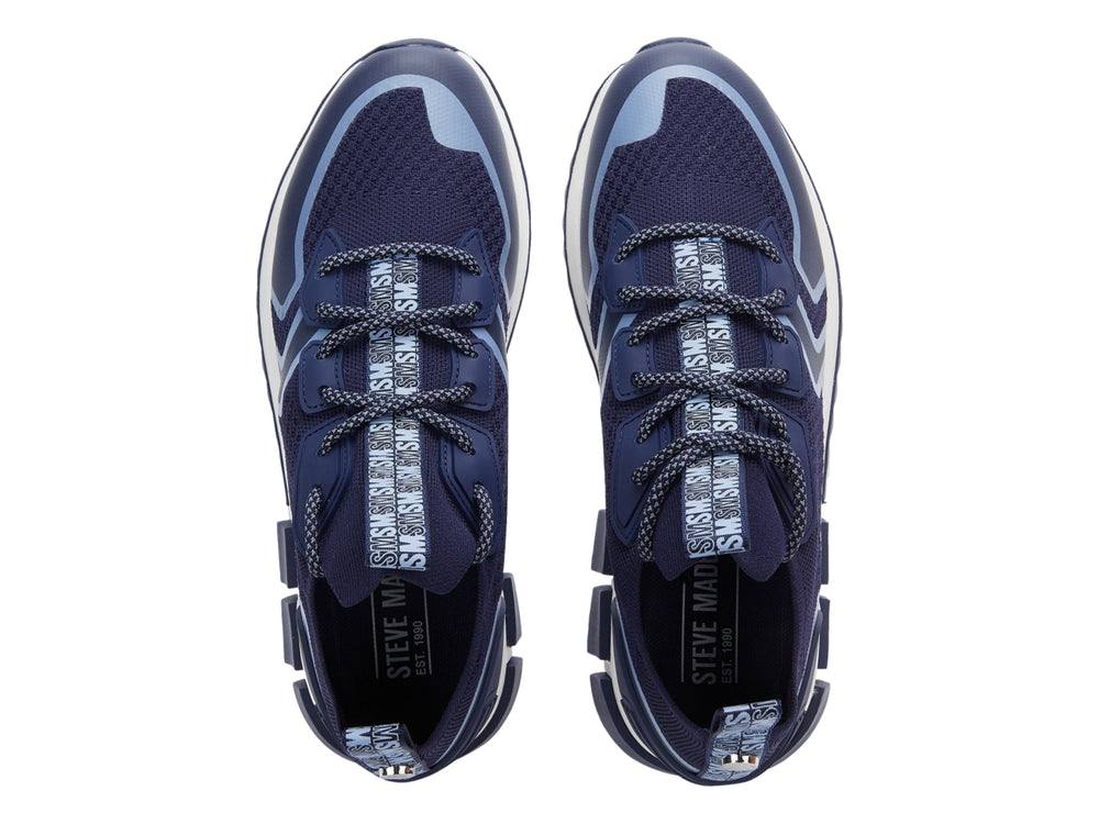 Tenis deportivos Steve Madden color azul marino con detalles en azul claro y suela blanca.