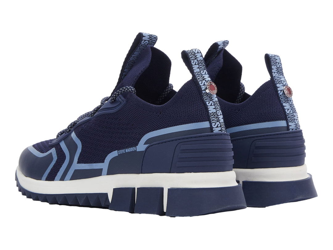 Tenis deportivos Steve Madden color azul marino con detalles en azul claro y suela blanca.