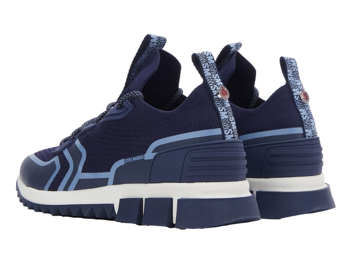 Tenis deportivos Steve Madden color azul marino con detalles en azul claro y suela blanca.