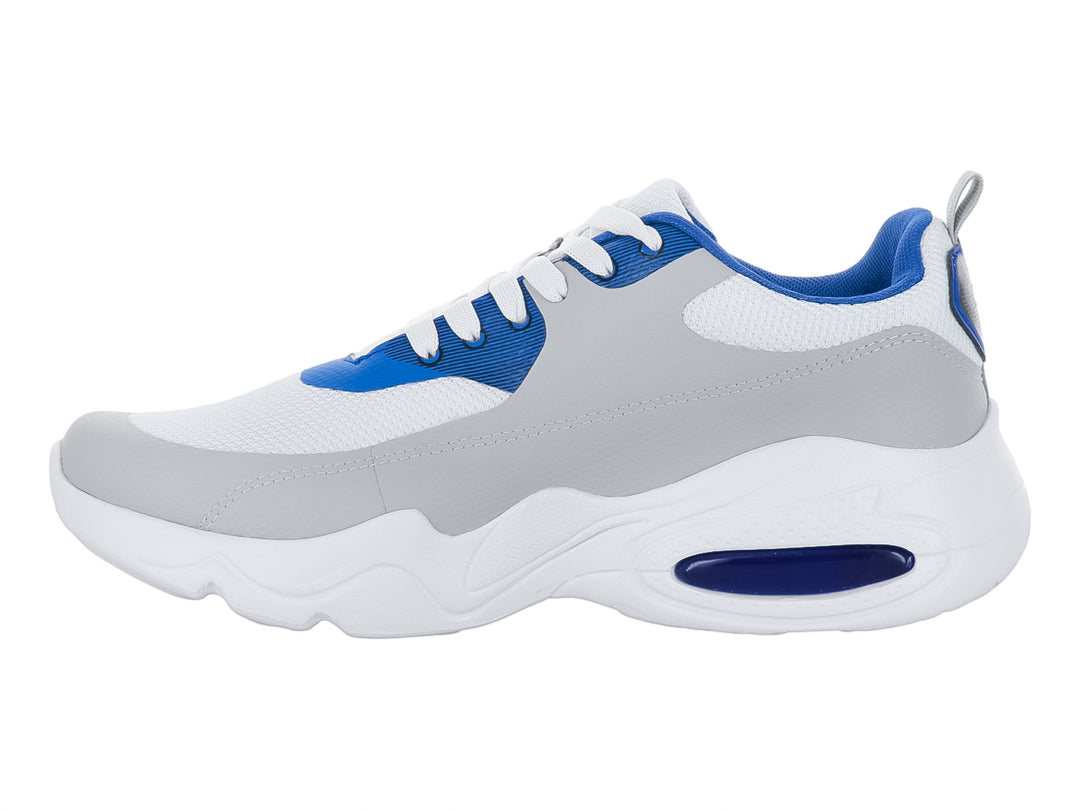 Tenis de baloncesto marca Makena en colores blanco, gris y azul con suela blanca robusta.
