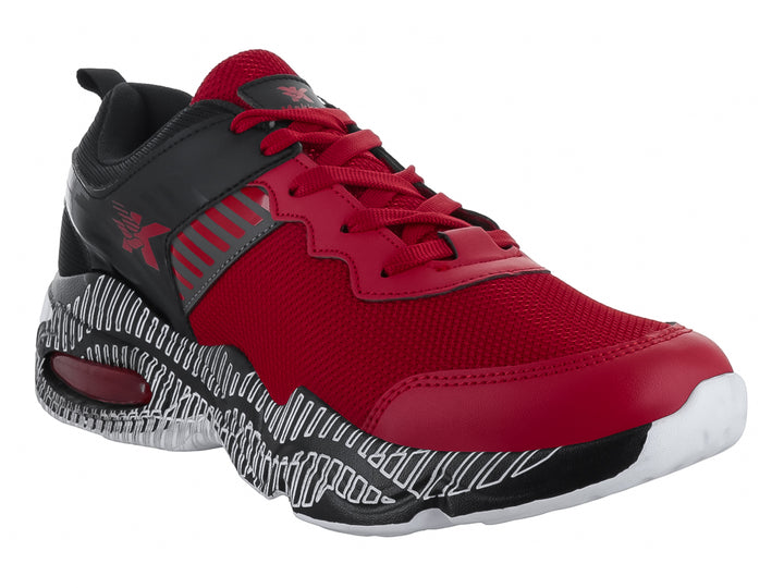 Tenis de baloncesto MAKENA color rojo y negro con suela blanca y detalles en gris.