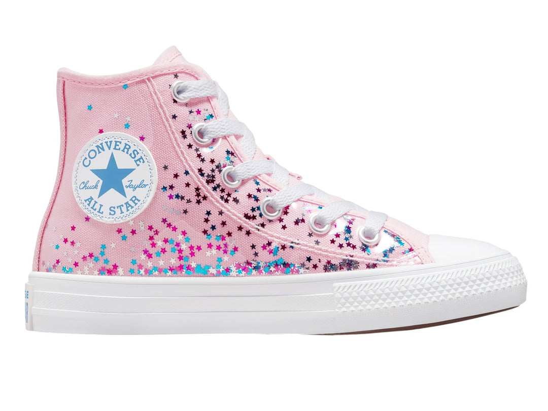 Tenis Converse Chuck Taylor All Star HI color rosa con estrellas brillantes y suela blanca.