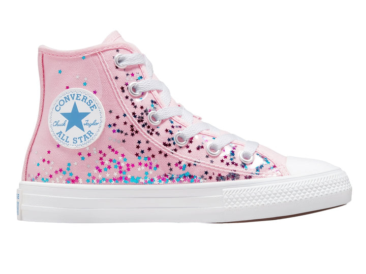 Tenis Converse Chuck Taylor All Star HI color rosa con estrellas brillantes y suela blanca.
