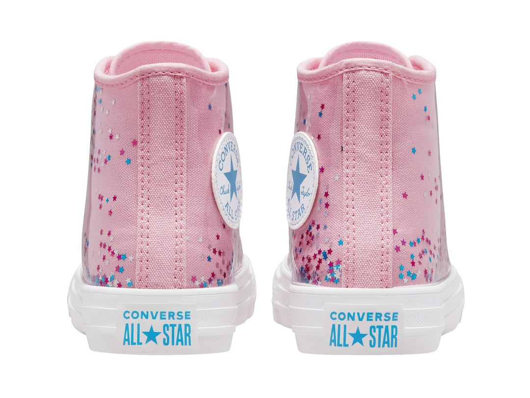 Tenis Converse Chuck Taylor All Star HI color rosa con estrellas brillantes y suela blanca.