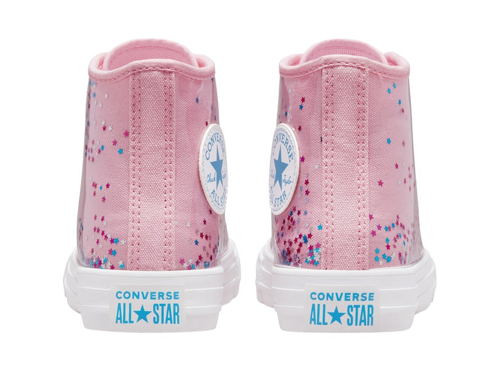 Tenis Converse Chuck Taylor All Star HI color rosa con estrellas brillantes y suela blanca.