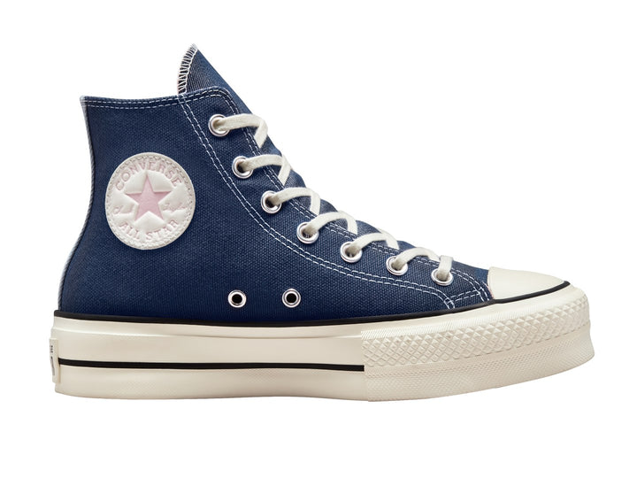 Tenis Converse Chuck Taylor All Star Lift Hi en color azul marino con suela de plataforma blanca.
