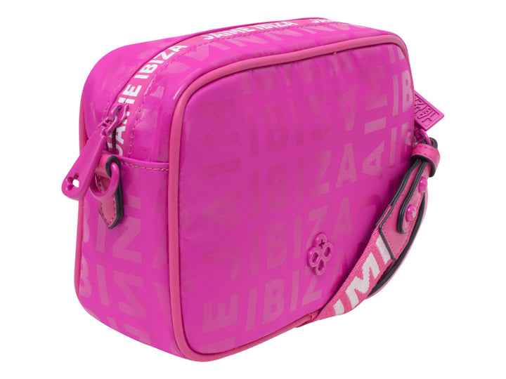 Bolso de hombro Jaime Ibiza en color bugambilia con estampado de marca y correa ajustable.