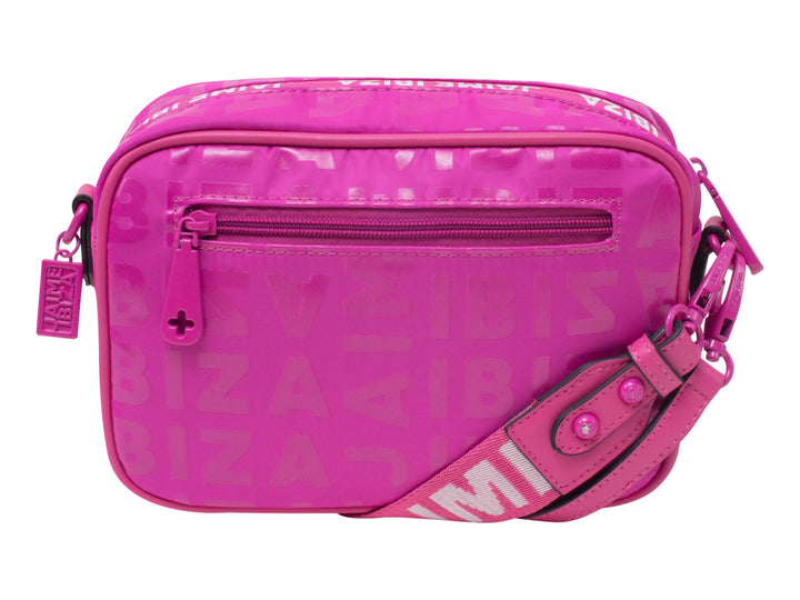 Bolso de hombro Jaime Ibiza en color bugambilia con estampado de marca y correa ajustable.