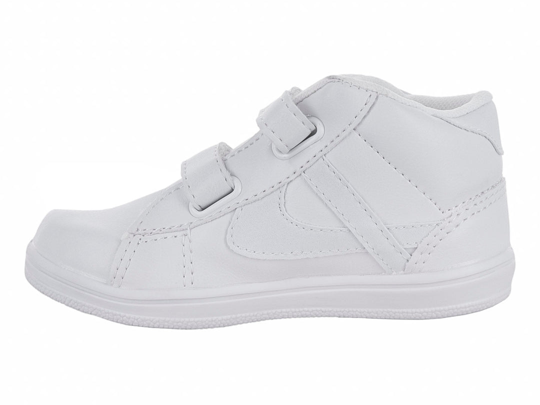 Tenis escolares blancos con cierre de velcro.