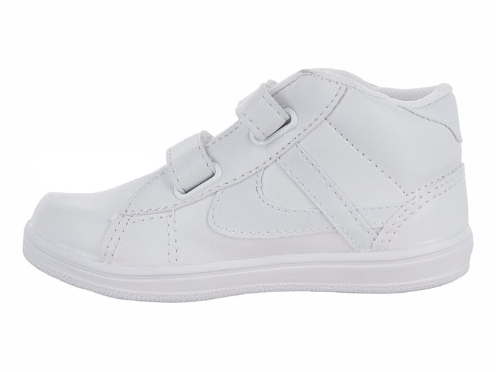 Tenis escolares blancos con cierre de velcro.