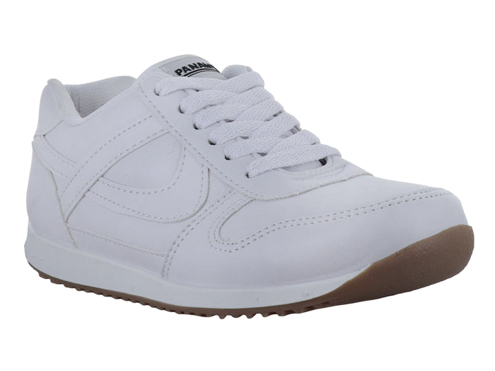 Tenis escolares blancos de la marca Panam con suela color café.