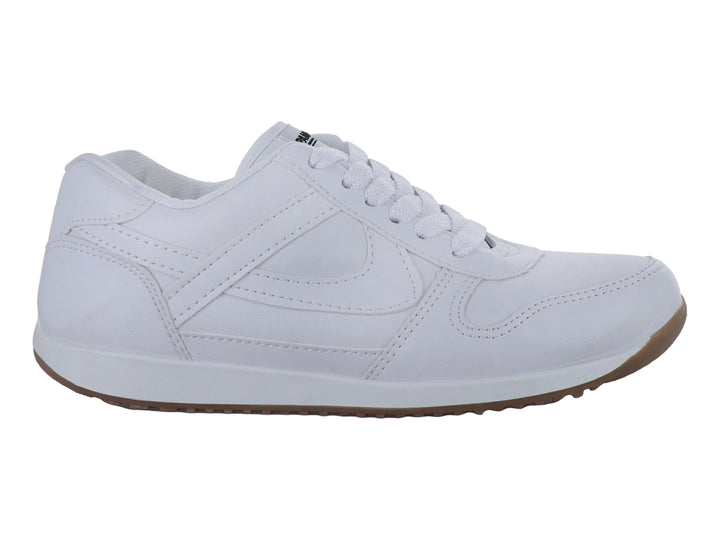 Tenis escolares blancos de la marca Panam con suela color café.