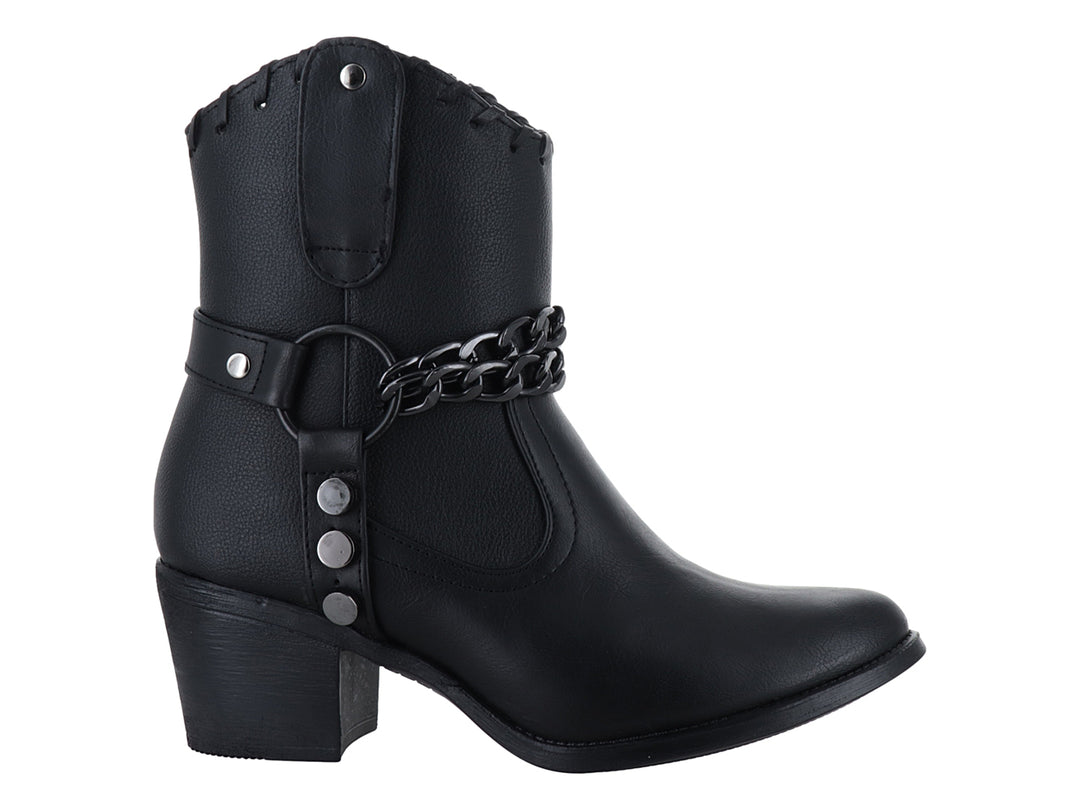 Bota negra de mujer marca Lady Carolina con detalle de cadena plateada y remaches laterales.