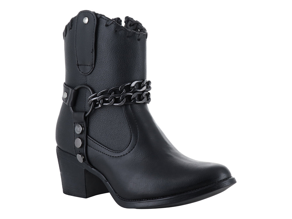 Bota negra de mujer marca Lady Carolina con detalle de cadena plateada y remaches laterales.