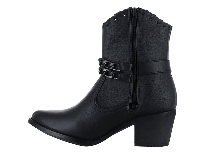 Bota negra de mujer marca Lady Carolina con detalle de cadena plateada y remaches laterales.