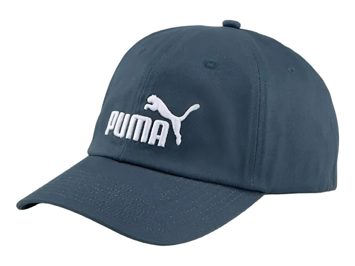 Gorra deportiva PUMA color azul oscuro con logotipo y nombre de la marca bordados en blanco al frente.