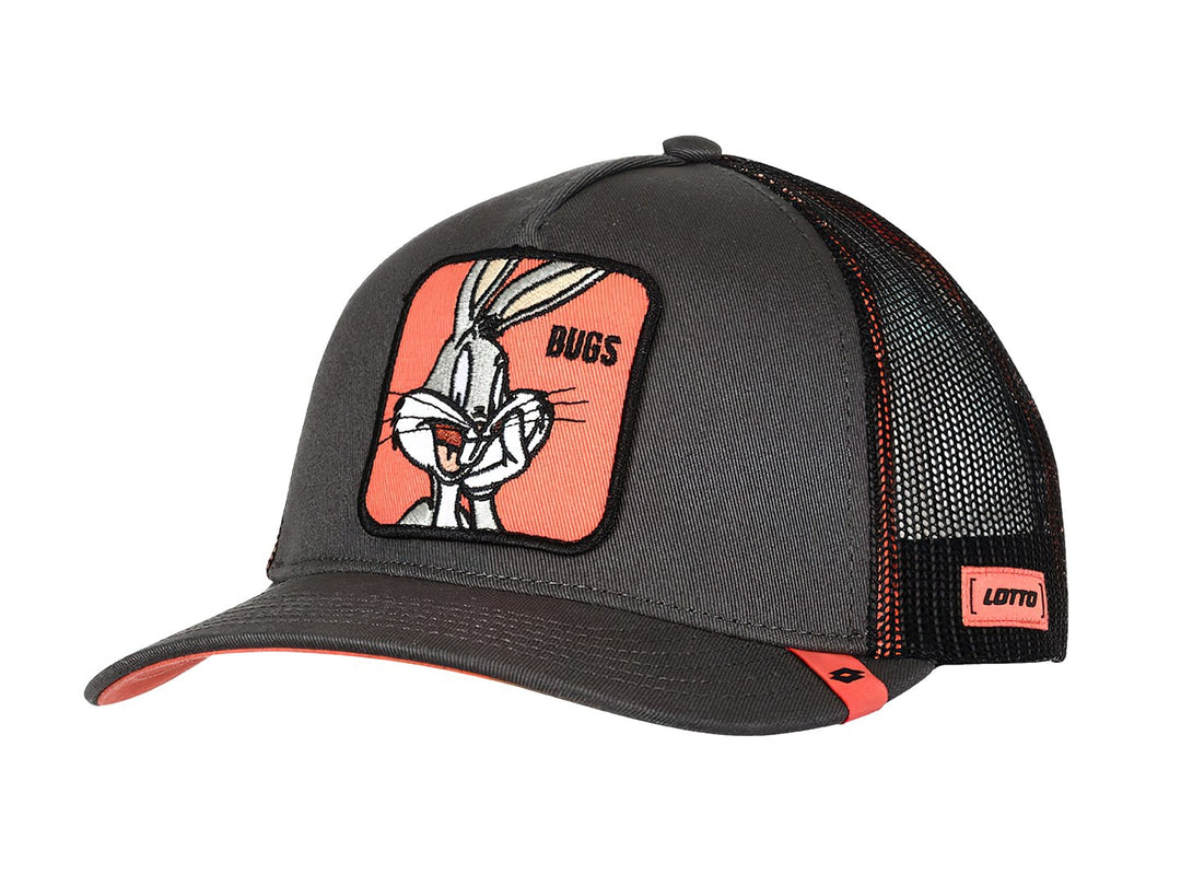 Gorra snapback color gris oxford con parche frontal de Bugs Bunny y detalles en rojo.