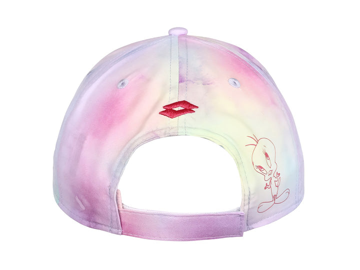 Gorra multicolor estilo tie-dye con bordado del personaje Tweety en el frente.