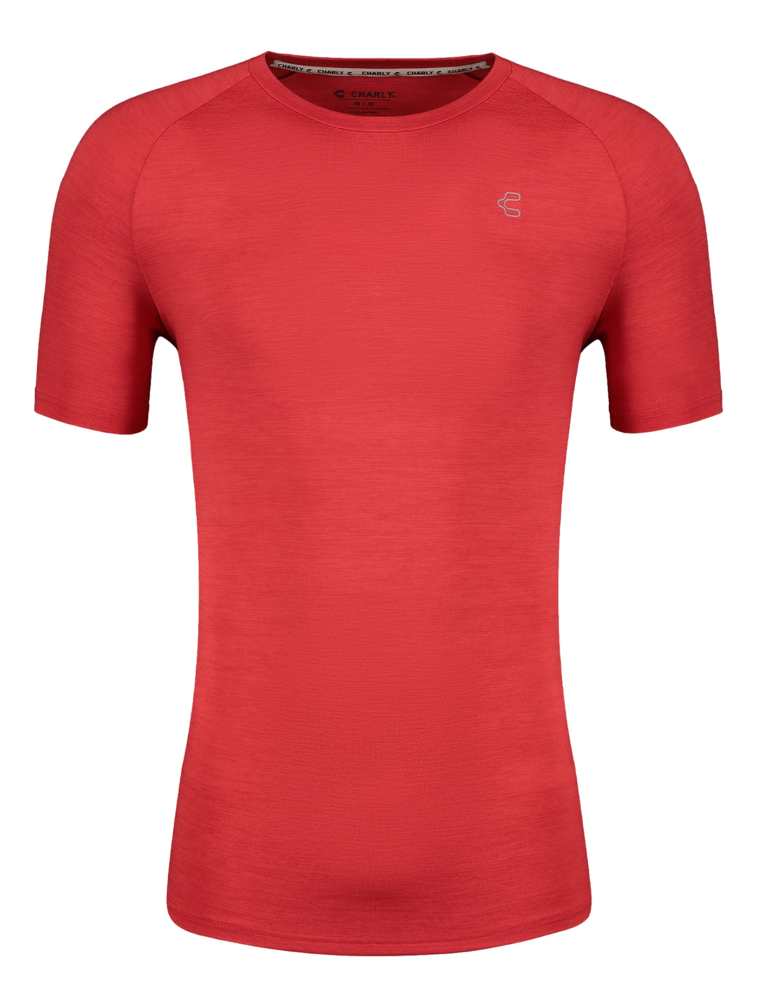 Playera deportiva de color rojo con manga corta y cuello redondo de la marca Charly.