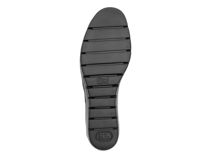 Botín Flexi para mujer en color negro, material de cuero liso con panel elástico lateral y suela cómoda.