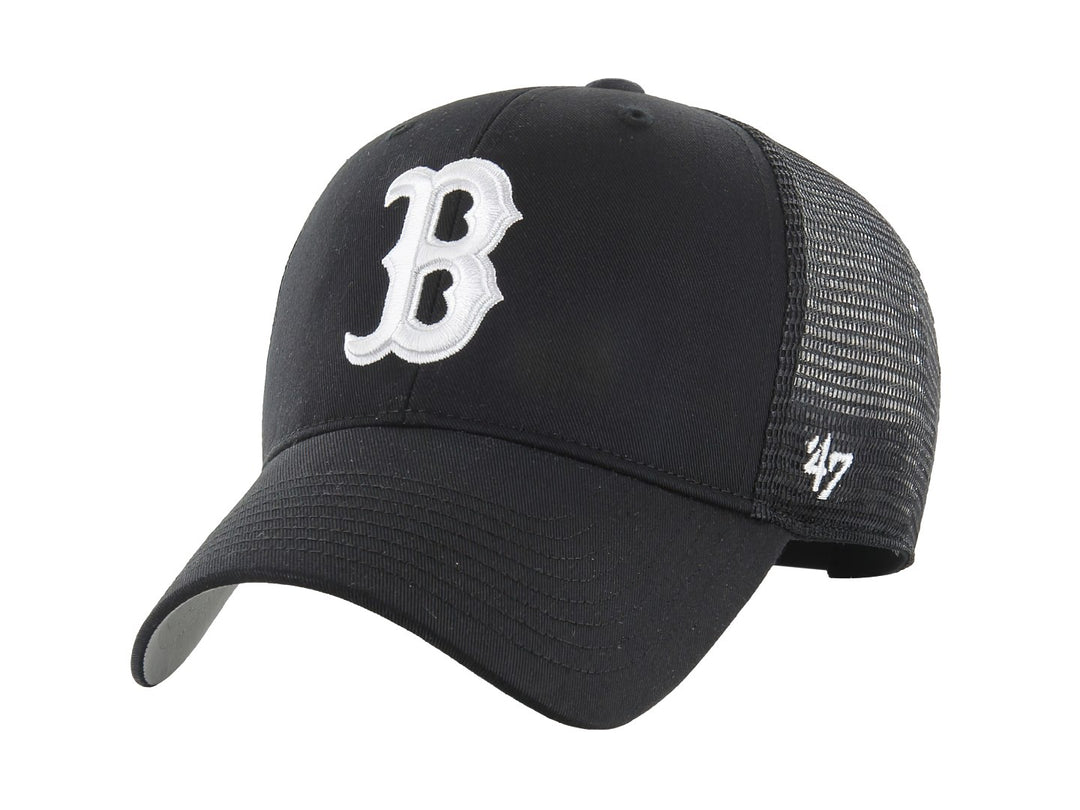 Gorra de béisbol negra con malla trasera y logotipo blanco bordado en el frente.