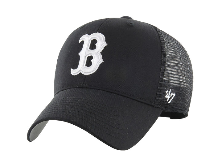 Gorra de béisbol negra con malla trasera y logotipo blanco bordado en el frente.