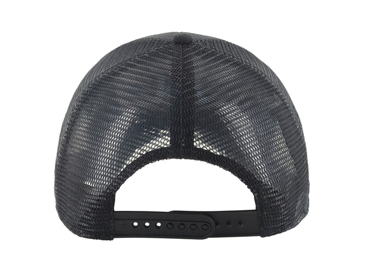 Gorra de béisbol negra con malla trasera y logotipo blanco bordado en el frente.