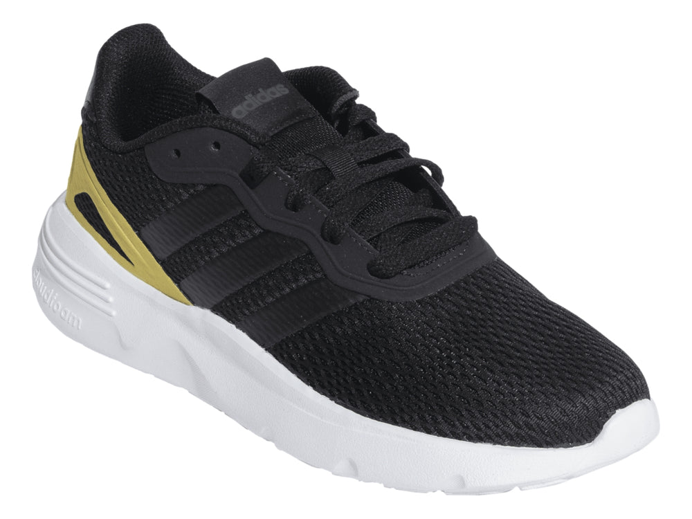 Tenis deportivos Adidas color negro con detalles dorados y suela blanca.