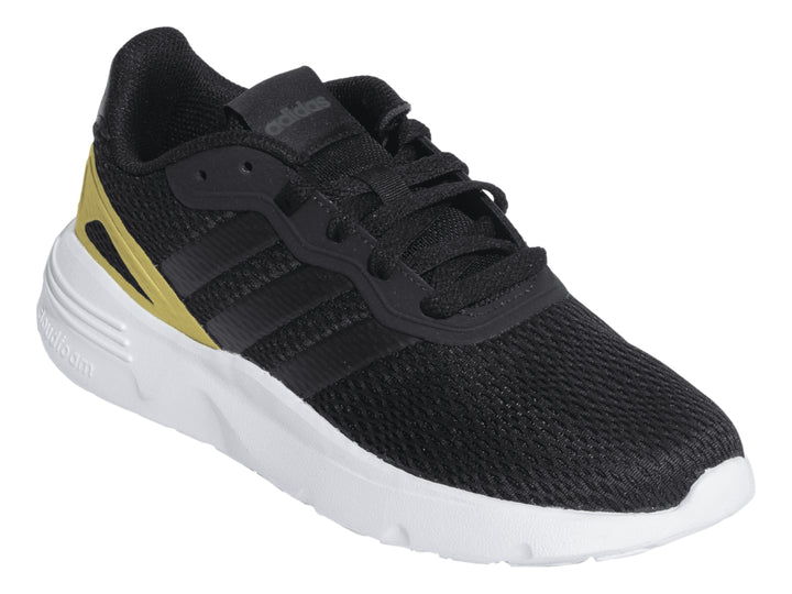 Tenis deportivos Adidas color negro con detalles dorados y suela blanca.