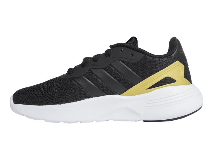 Tenis deportivos Adidas color negro con detalles dorados y suela blanca.