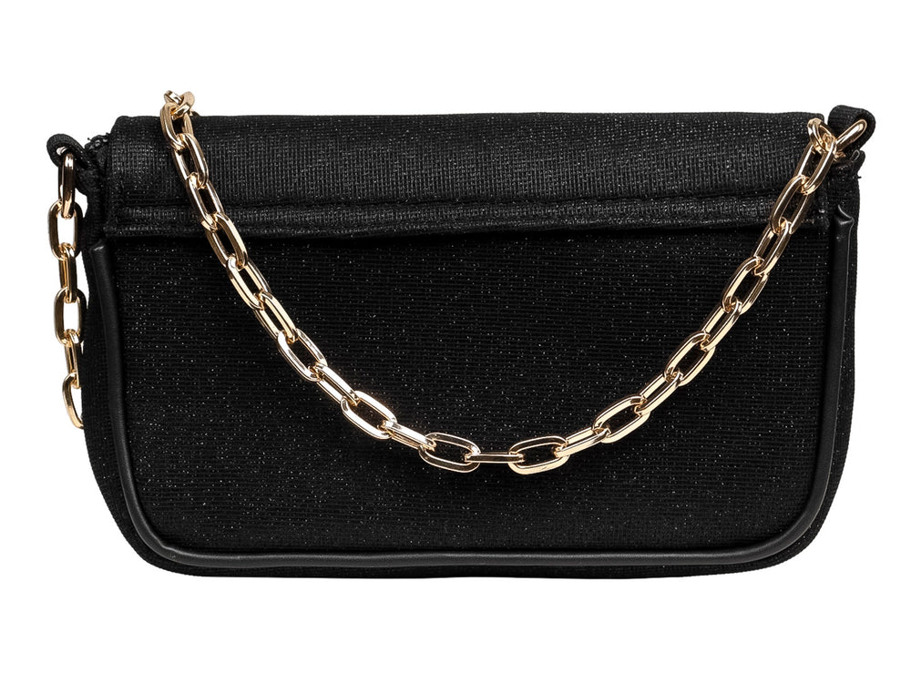 Bolso de hombro negro con acabado brillante y un broche central rectangular decorado con cristales plateados.